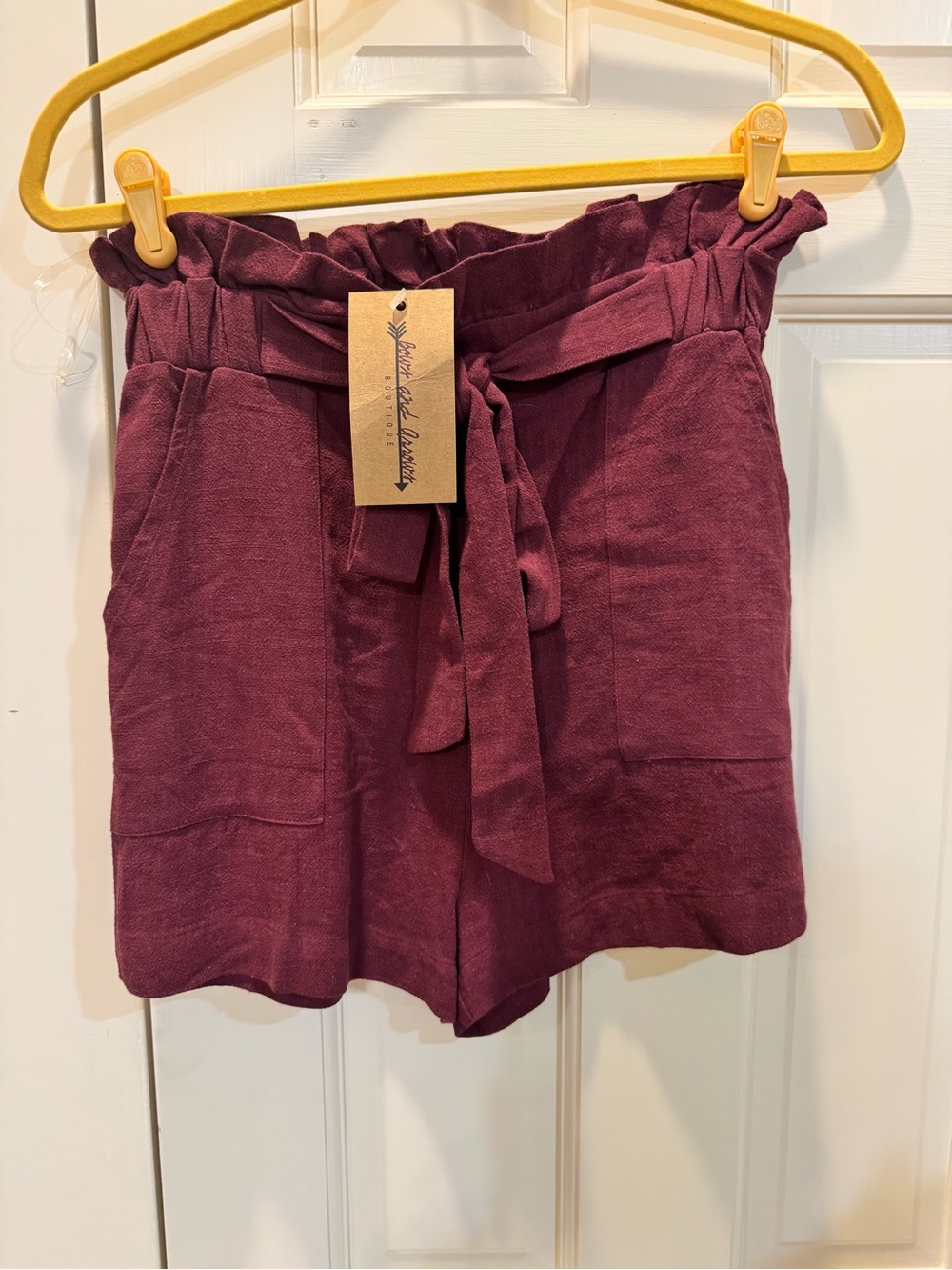 entro High-Waist Paperbag Shorts in Deep Wine